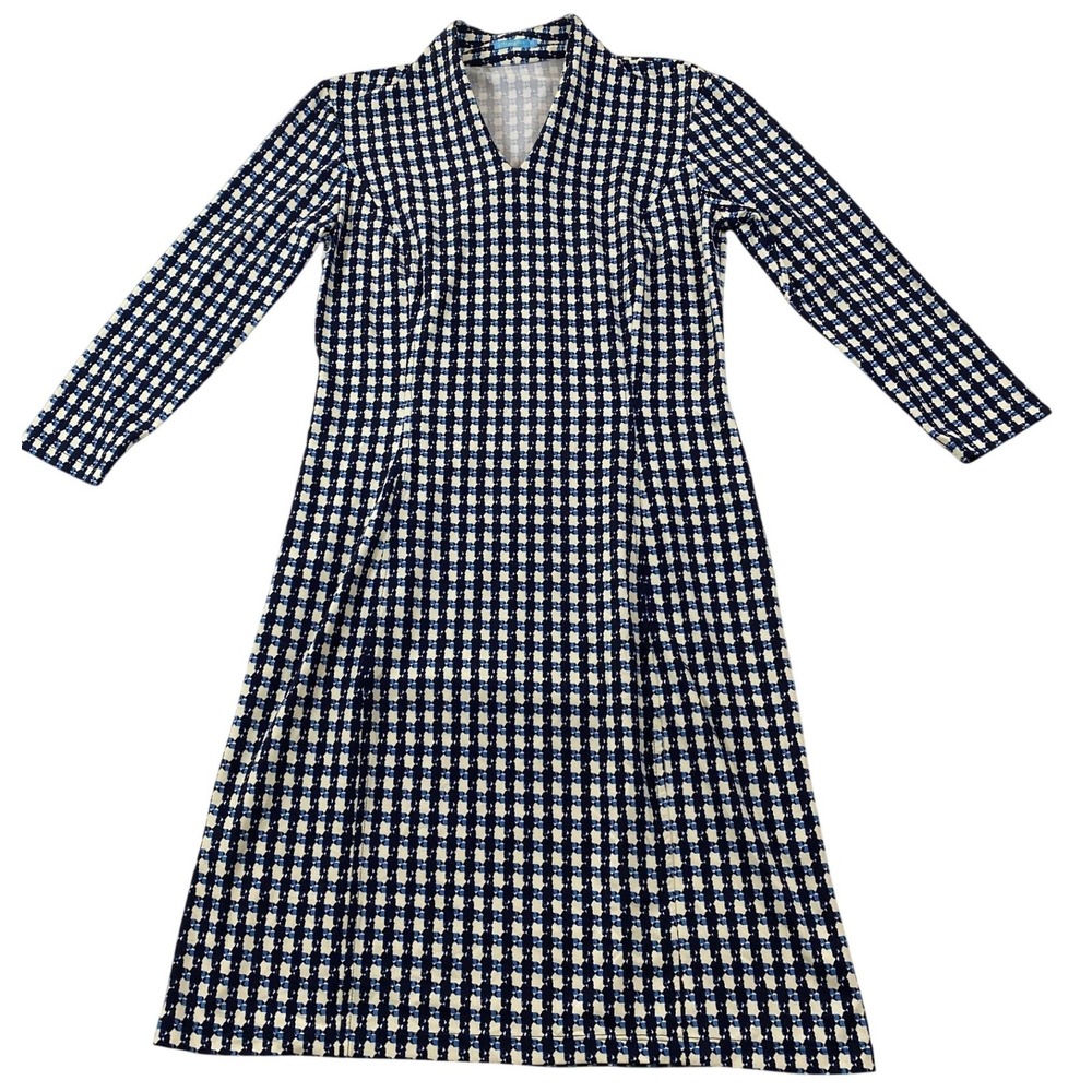 J.McLaughlin Navy Blue‎ Geometric Grid V-Neck A-Line Jersey Dress Womens XS